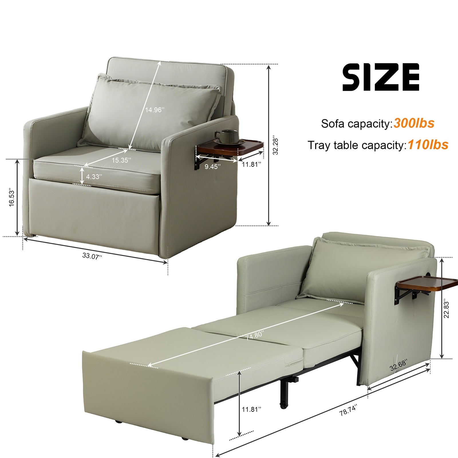 Adult Sleeper Chair Bed, 3-in-1 Convertible Sofa Chair Bed Pull-out Sofa Bed, Convenient Folding Tray Table With USB And Type-C Charging Ports For Living Room Cannot Be Sold On Temu