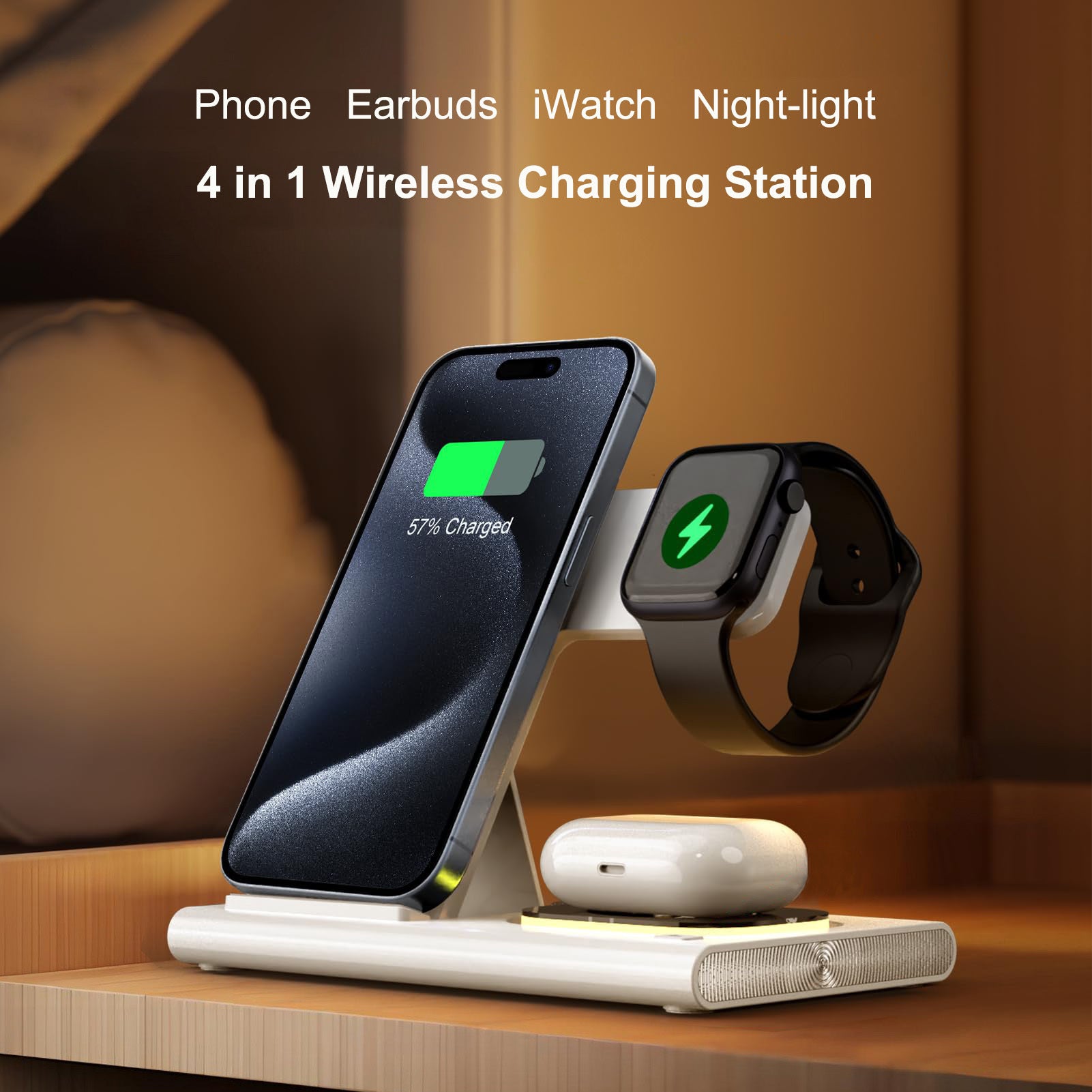 Wireless Charger Station, 4 In 1 Foldable 15W Fast Charging Wireless Charging Station With Night Light For IPods IWatch