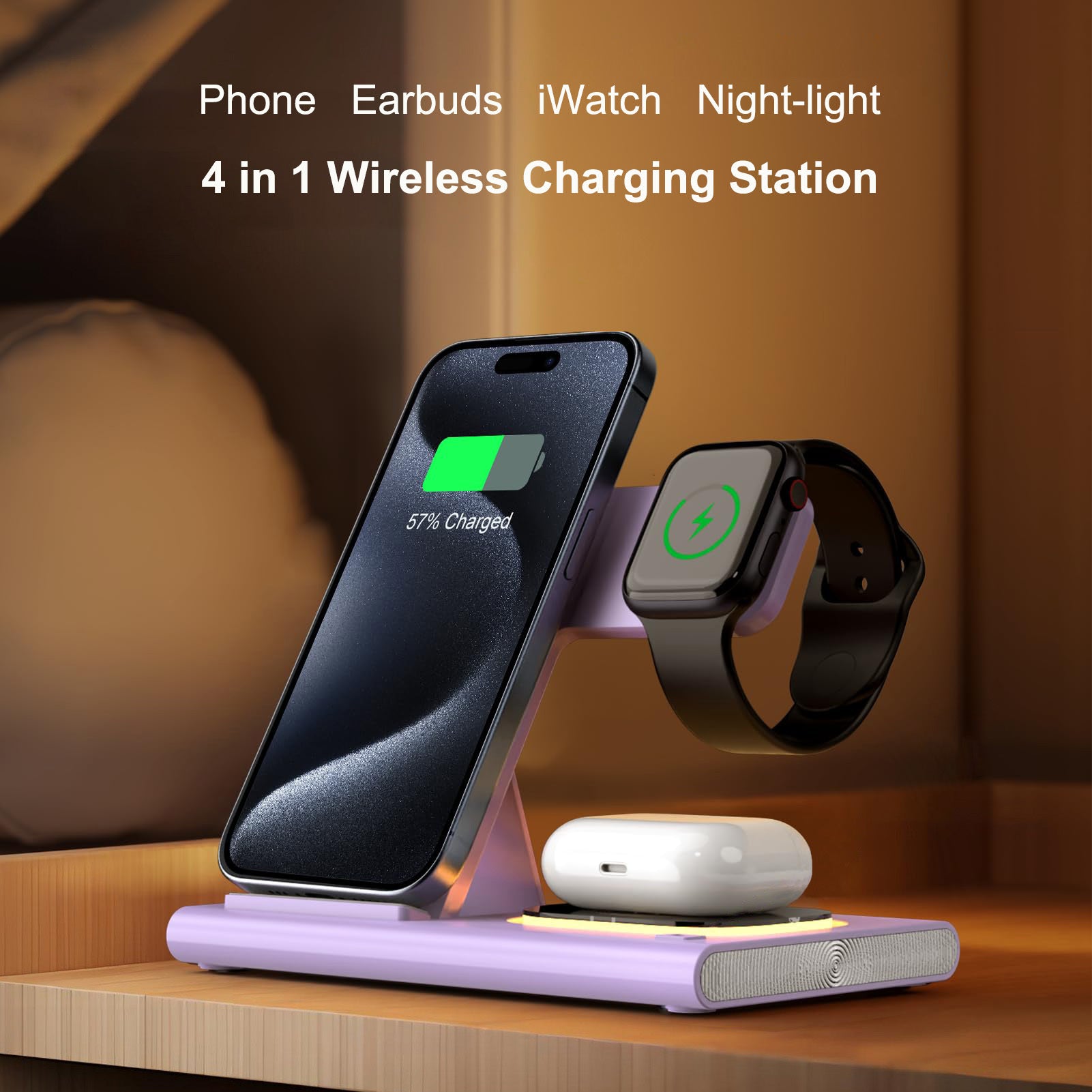 Wireless Charger Station, 4 In 1 Foldable 15W Fast Charging Wireless Charging Station With Night Light For IPods IWatch
