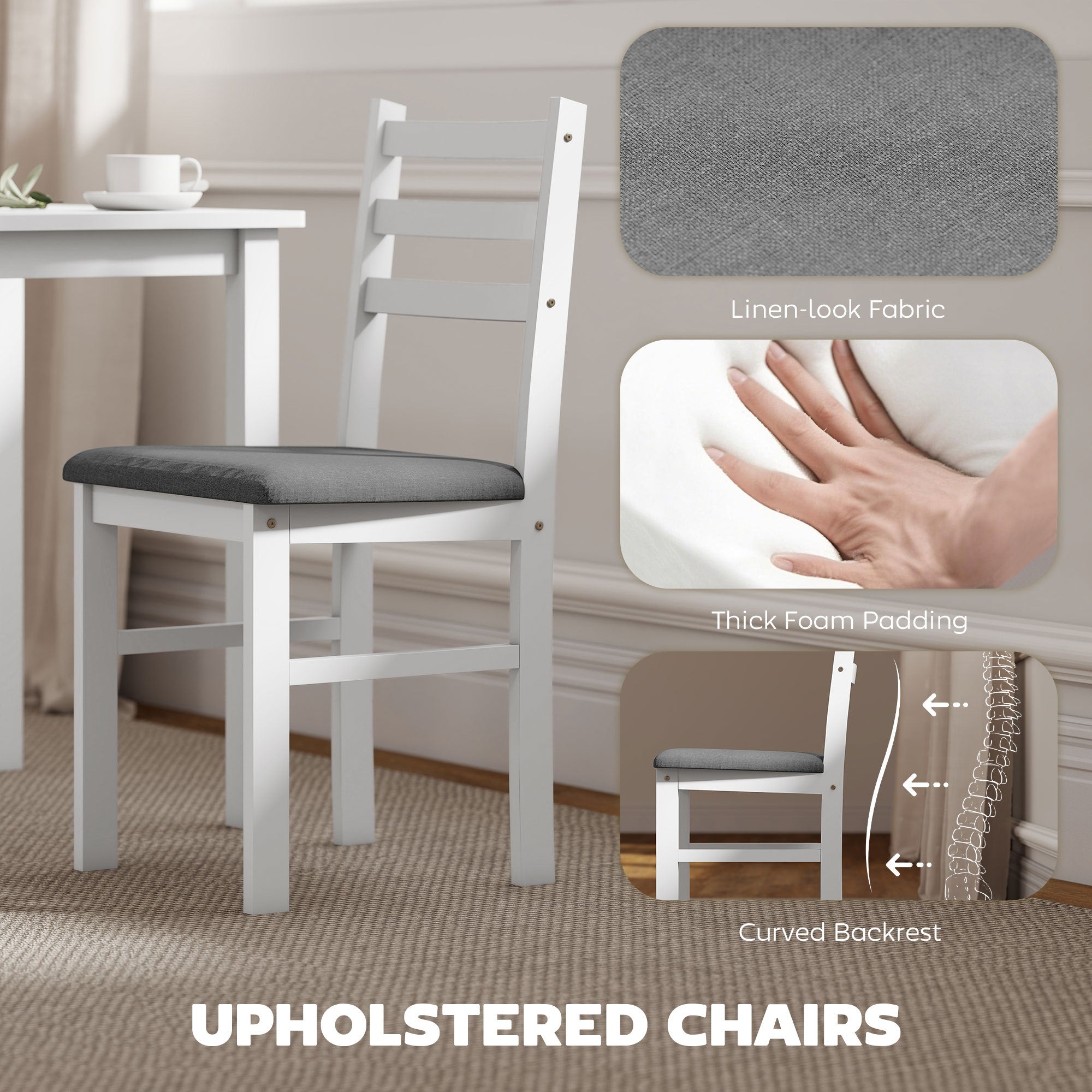 5-Piece Small Kitchen Table Set For 4, Farmhouse Dining Table Set With Upholstered Chairs And Rubber Wood Legs, White