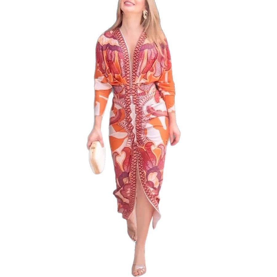 Fashion Personality Printed V-neck Dress Women