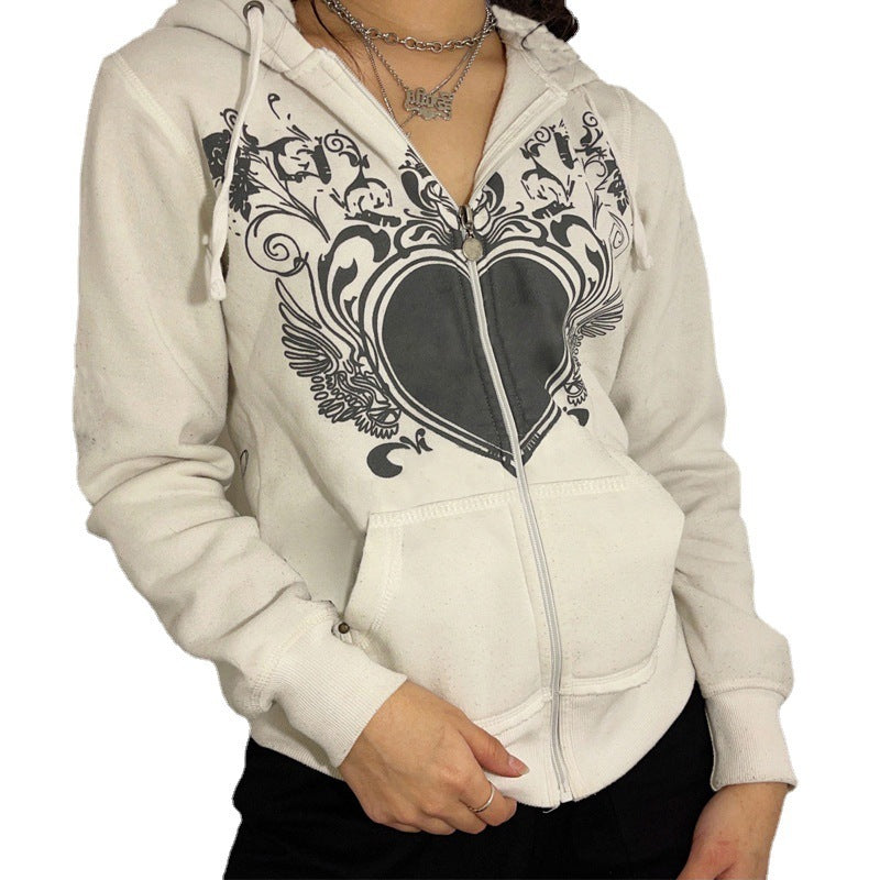 Long Sleeve Hoodie Jacket Heart Zip