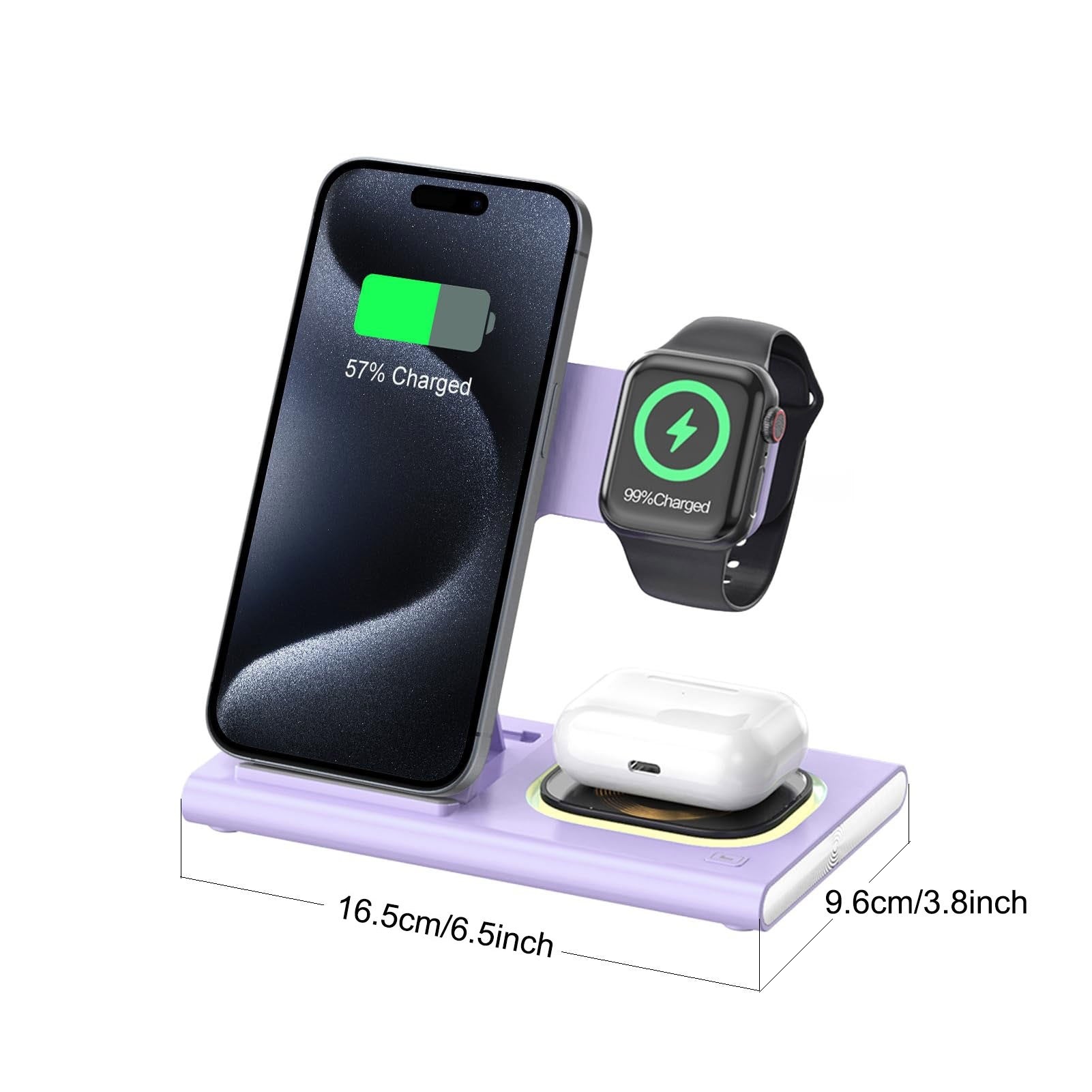 Wireless Charger Station, 4 In 1 Foldable 15W Fast Charging Wireless Charging Station With Night Light For IPods IWatch